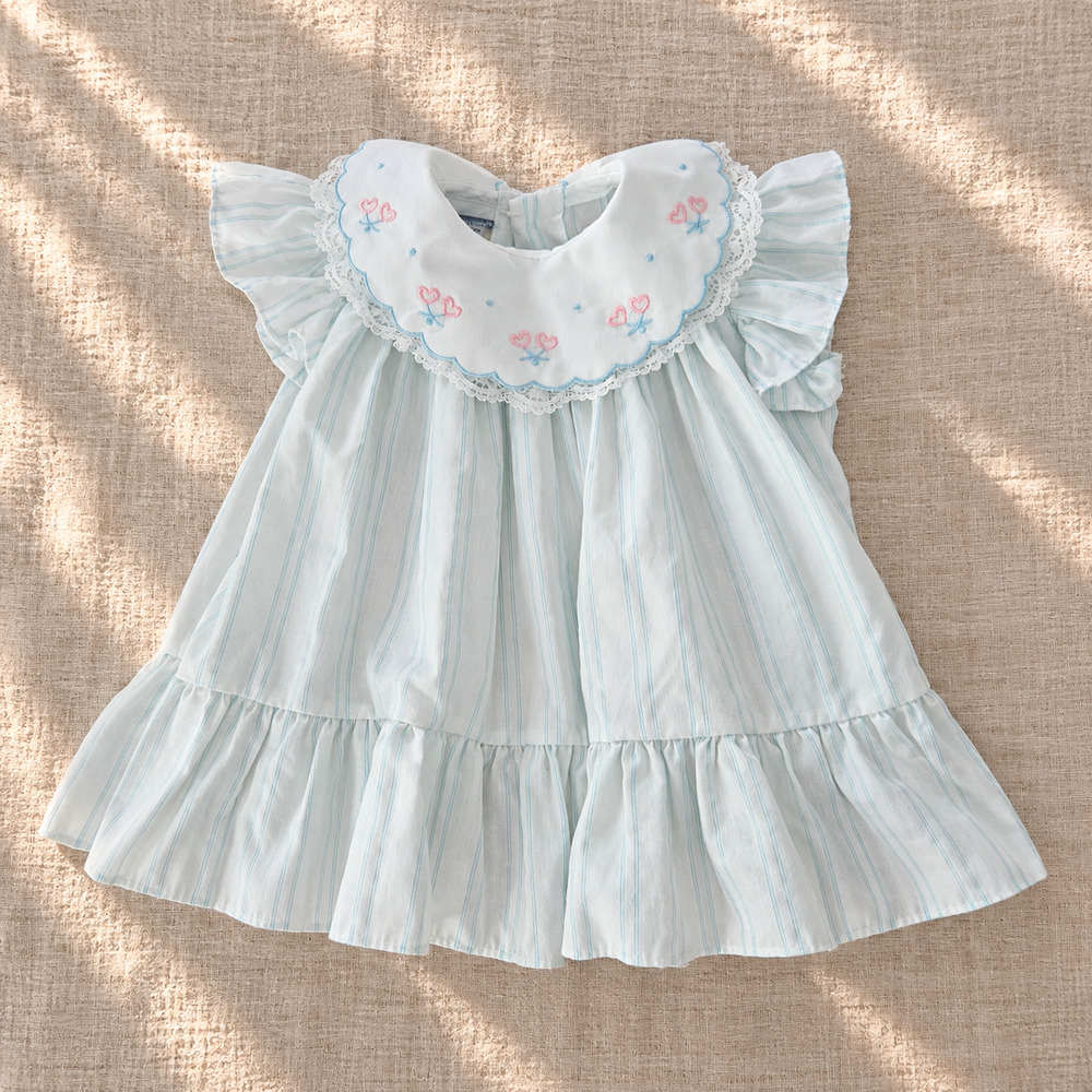 Vintage Polly Flinders Baby Dress | Blue Stripe Heart Embroidered | 18 Months